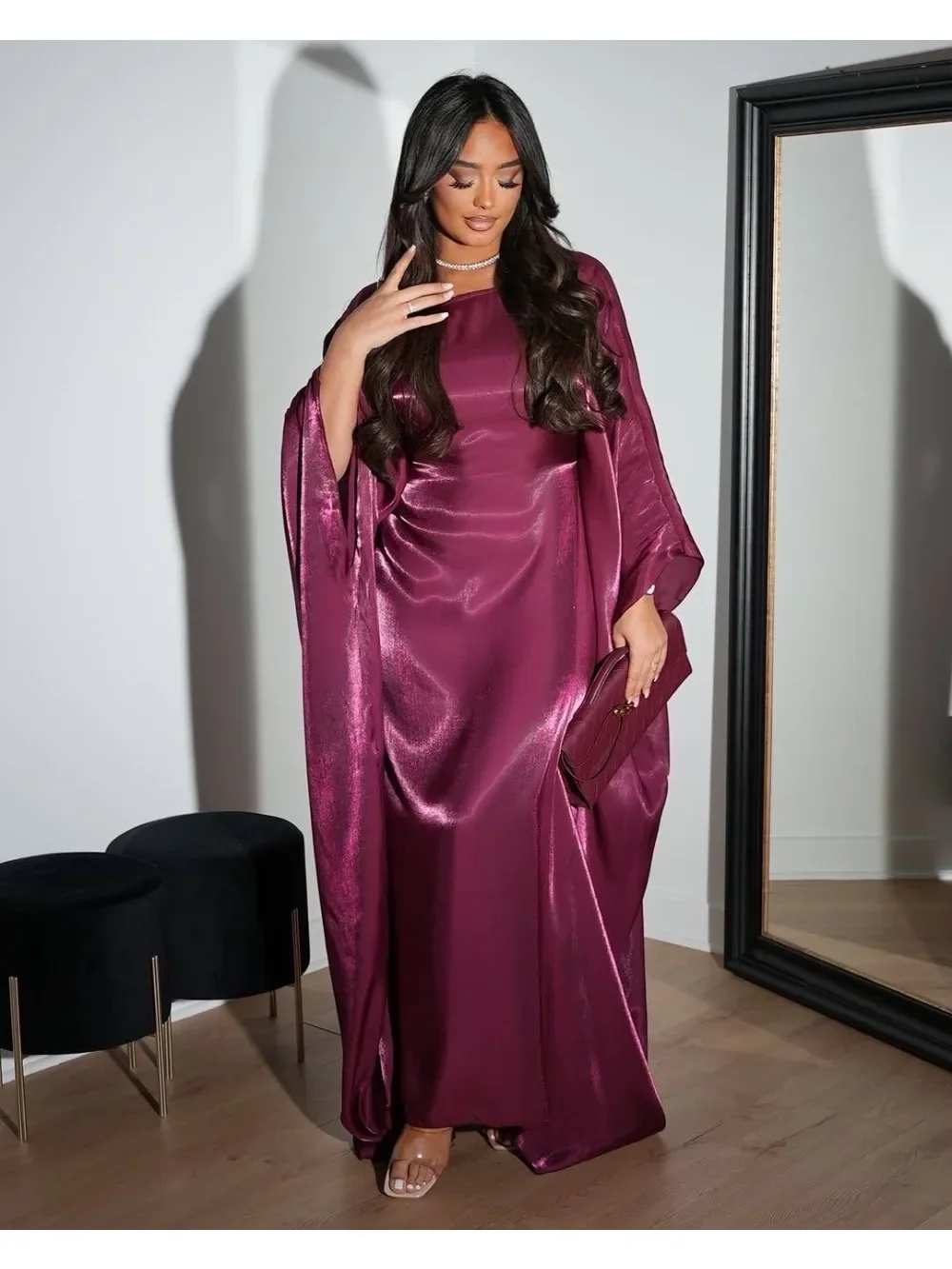Abaya-Robe musulmane pour femmes, tenue de soirée soyeuse, manches chauve-souris, arabe, dubaï, islam, jeux éducatifs, ramadan jalabiya, 2025