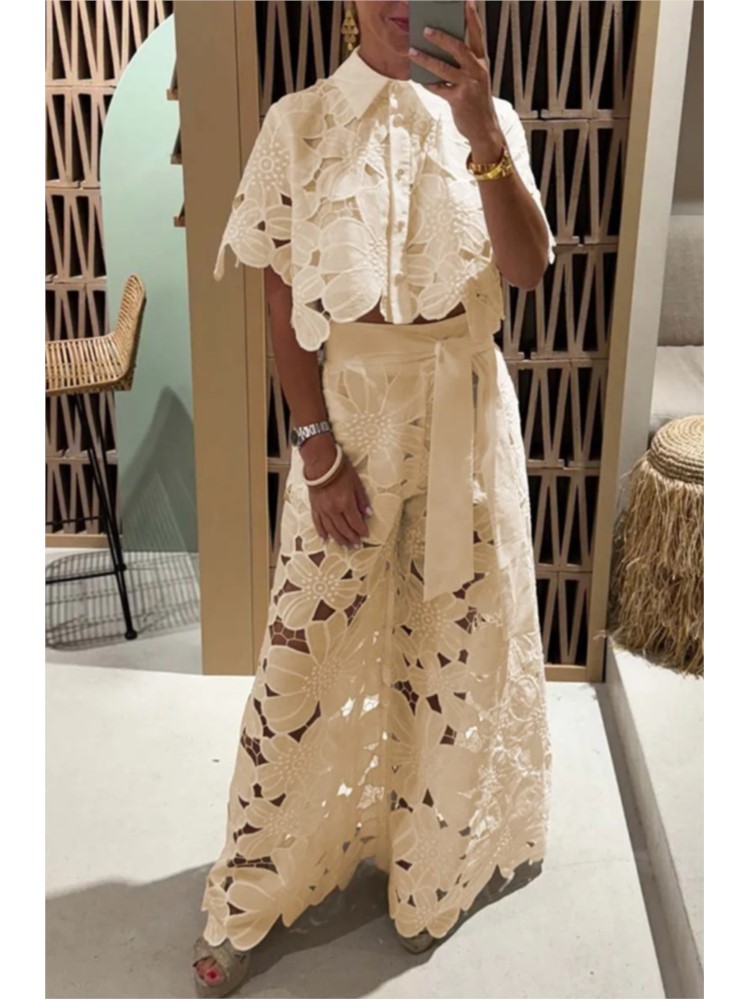 Ensembles élégants pour femmes, chemise creuse en dentelle, haut court + pantalon à jambes larges, ensemble deux pièces, costumes pour femmes, ensembles de couleur unie à la mode
