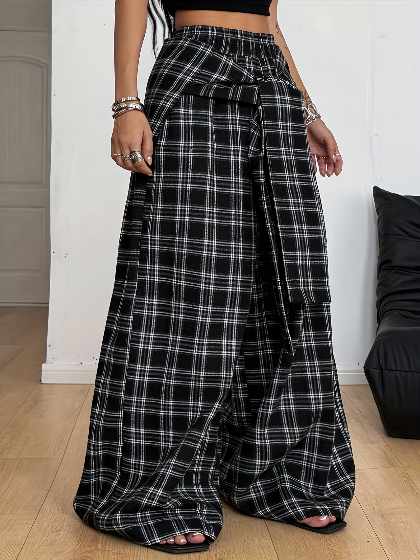 Ensemble deux pièces pour femmes, pantalon à carreaux décontracté + tablier