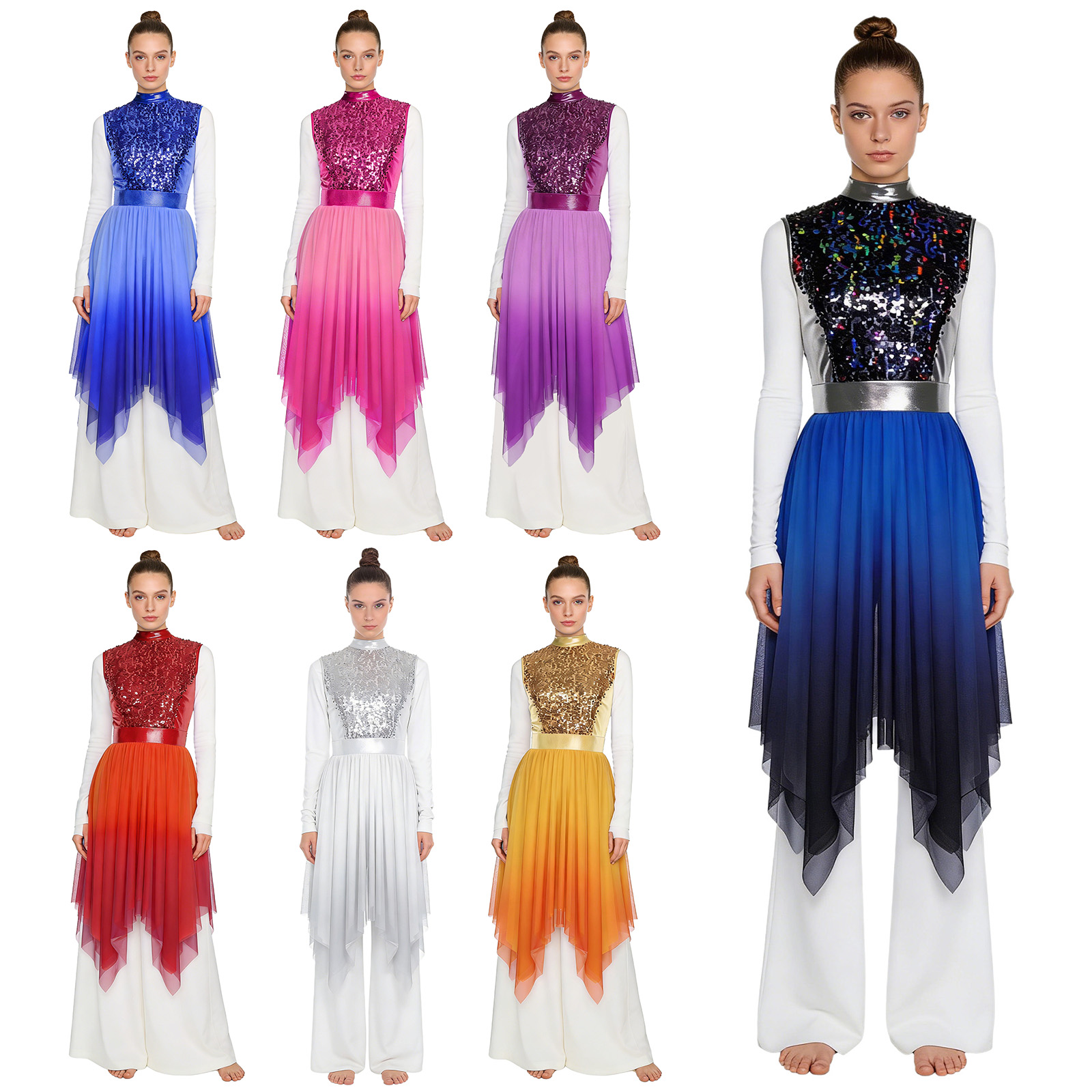 Robe tunique sans manches à sequins brillants et corsage en maille pour femmes, idéale pour la danse lyrique, le culte liturgique et les costumes de chorale d'église
