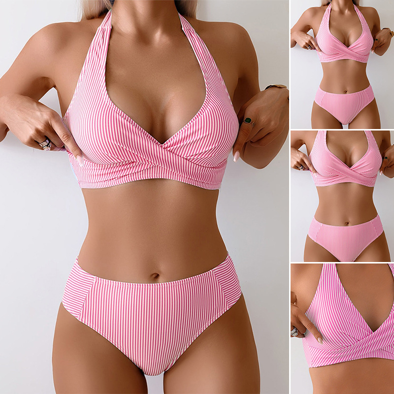 Maillot de bain sexy rayé pour femme, haut de bikini avec bretelles à nouer, tenue de plage tendance pour adultes
