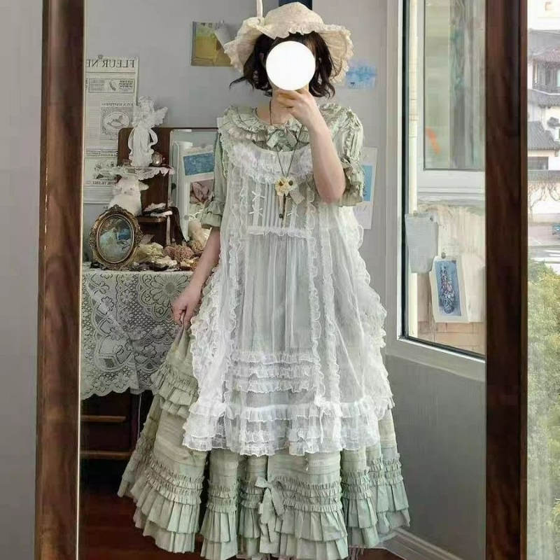 Robe de style japonais pour femmes, style Kawaii, avec nœud, col carré, en maille, à volants, robe cache-cœur, pour filles, style Y2K, mignonne, sans manches, Lolita, Smock