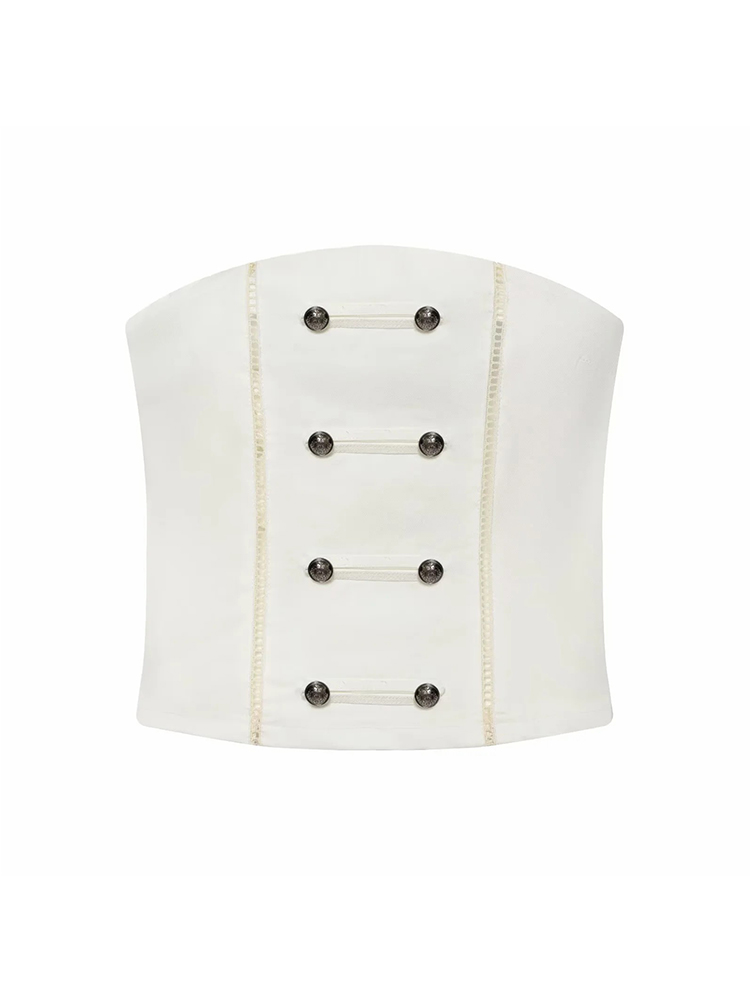 Tenue d'été pour femmes, haut chic avec boutons métalliques, décoration à double boutonnage, style vintage décontracté pour femmes