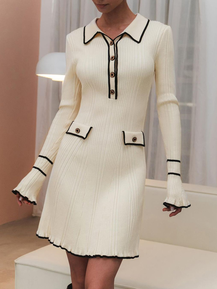 Tossy à volants mode robe en tricot femmes automne côtelé contraste à manches longues taille haute revers robe robe tricots dames robe Maxi