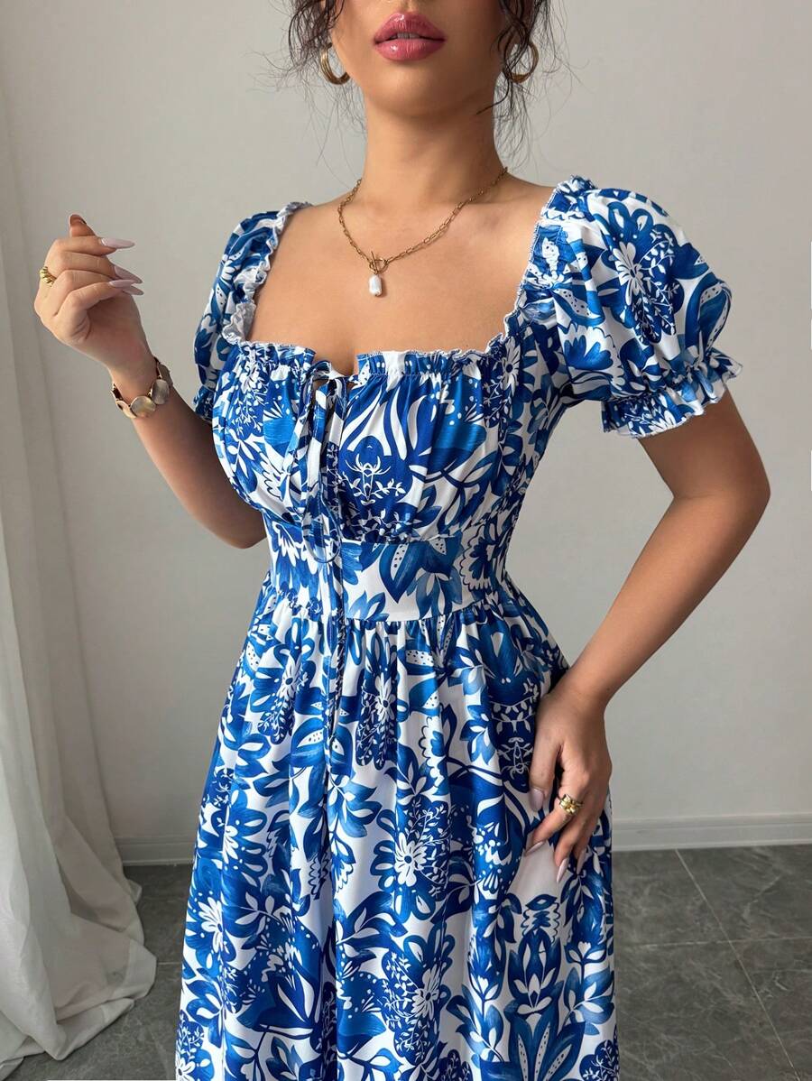Robe élégante bleue à imprimé floral pour femme avec manches bouffantes, longue, décontractée, pour les vacances, avec nœud devant et taille froncée à l'arrière