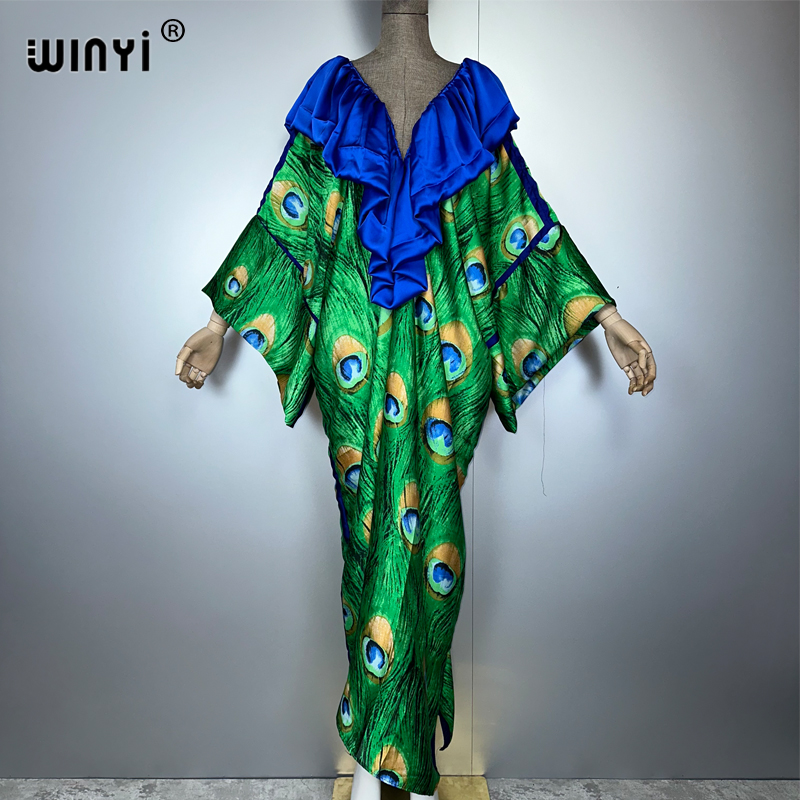 WINYI Robe Sexy Bohème à Décolleté Profond, Abaya Musulmane, Robe de Plage pour Femme, Vêtements de Plage, Kaftan Abaya de Luxe Dubaï