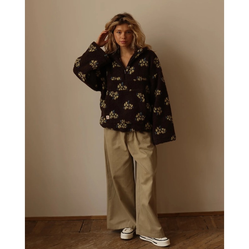 Pull en polaire à fleurs tendance pour femmes 2026, pull en coton, ample, chaud, col montant en fourrure, fermeture éclair
