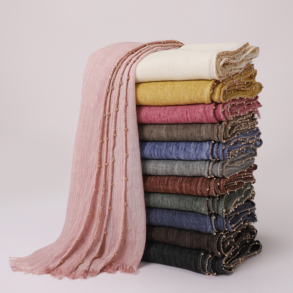 Élégant foulard en rayonne plissé rétro avec chaîne dorée perlée, châle de Ramadan, turban doux pour femmes musulmanes