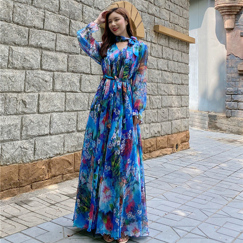 Robe de soirée élégante en mousseline de soie coupe ajustée pour femme, style coréen, imprimée, à manches longues, grande taille, collection été 2026