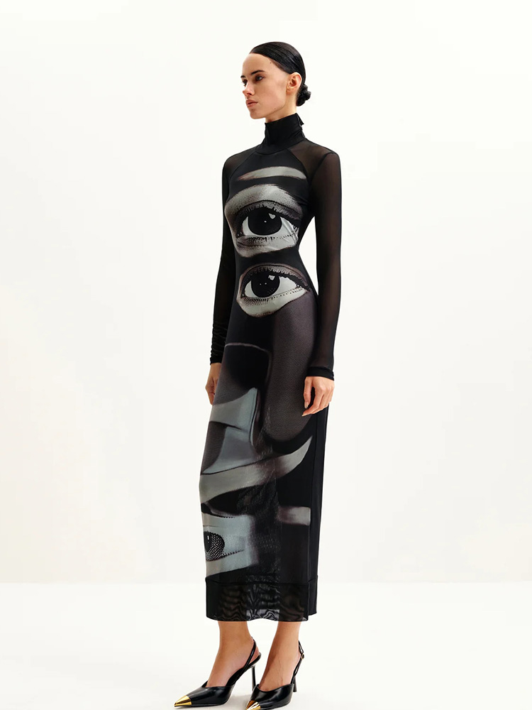 Ahagaga mode femmes Maxi robes imprimé col roulé manches longues régulières gaine coupe ajustée yeux casual Streetwear robes