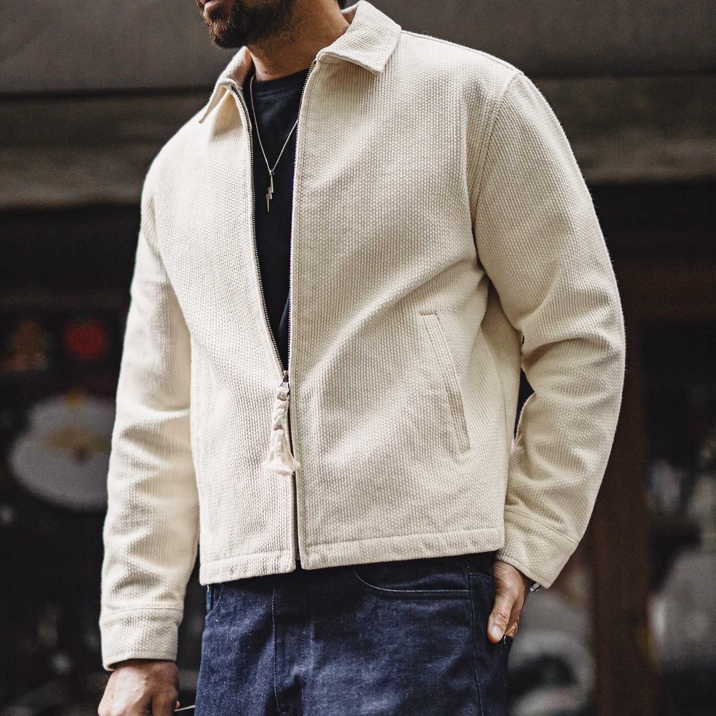 Veste vintage blanche pour homme Maden, en coton lourd, col rabattu, fermeture éclair, veste courte, toile, coupe ajustée, printemps, automne