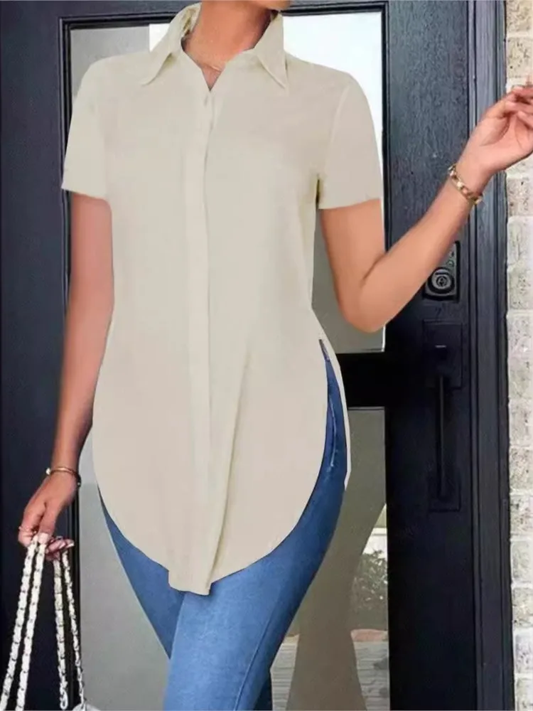 Chemise à manches courtes blanche pour femmes, chemisiers décontractés, chemises minces irrégulières, revers d'avocat de mode, streetwear d'été, vêtements pour femmes, Y-Wear