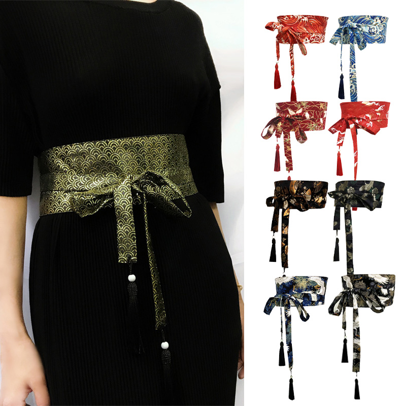 Ceinture Kimono traditionnelle japonaise pour femmes, Corset à pampilles, motif ondulé bleu, large ceinture Yukata grue Haori Obi, ceintures de taille asiatiques
