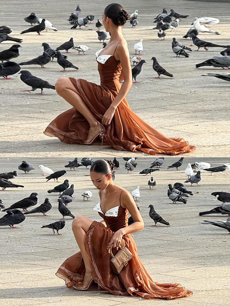 Robe longue en mousseline pour femme avec ourlet en dentelle, sans manches, taille cintrée, ourlet asymétrique à volants, Robe de soirée formelle pour femme 2026
