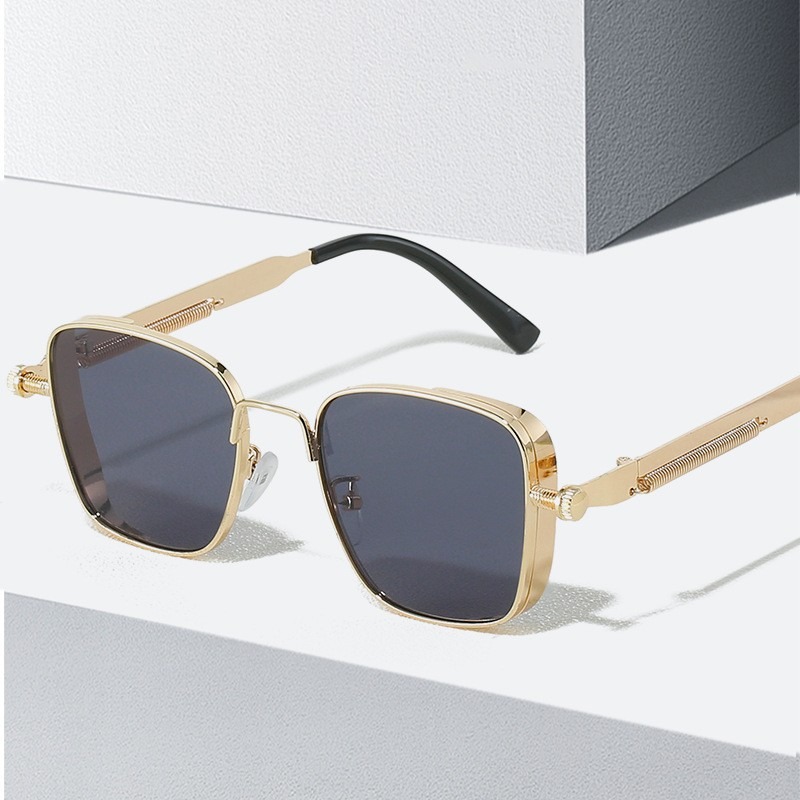 Lunettes de soleil vintage steampunk carrées pour hommes, monture métallique avec charnières à ressort, lunettes de conduite tendance pour femmes