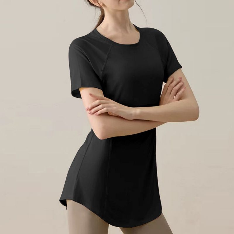 T-shirt de sport décontracté d'été à manches courtes pour femme, respirant, amincissant, mi-long, couvrant les fesses