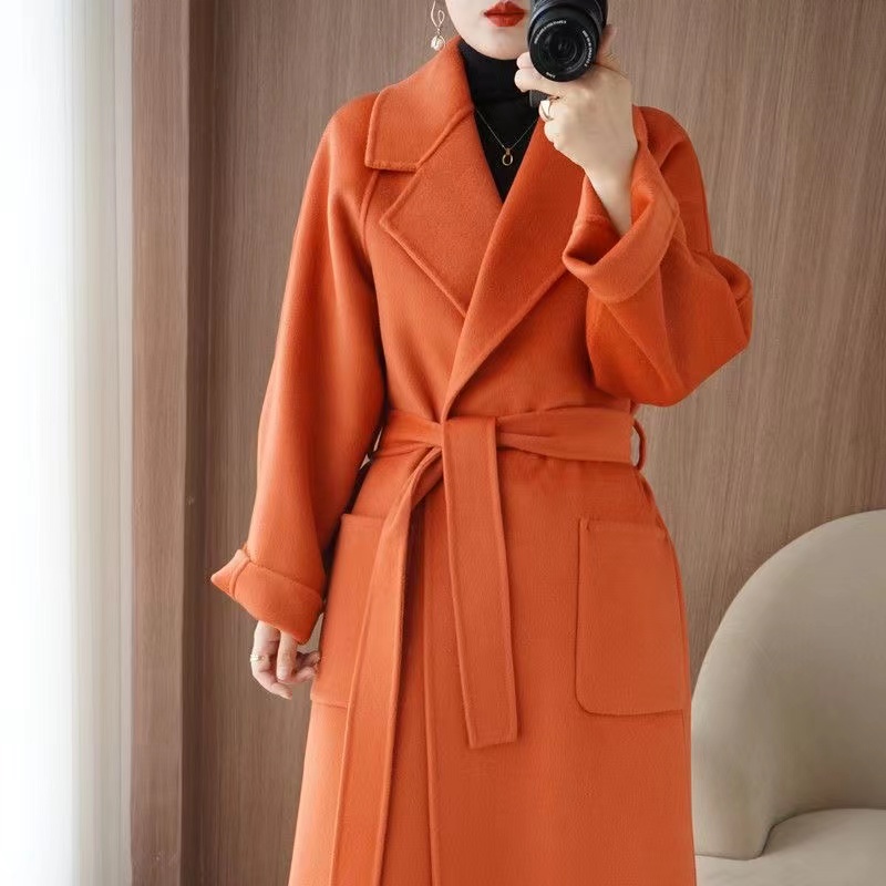 Manteau en laine 100% pour femme, vêtement de tempérament, Double face, en cachemire avec ceinture, pardessus Long élégant, mode automne/hiver 2024