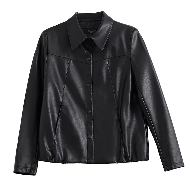 Nouveau Femmes Manteau court en cuir Printemps Automne Mode Col rabattu Simple boutonnage Veste Slim décontractée Cuir fendu Vêtements d'extérieur