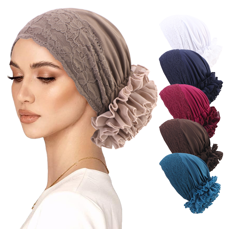 Foulard de tête en dentelle à grandes fleurs pour femmes, chapeau Turban élégant, doux et léger, Design à volants, couvre-chef de chimio multicolore, nouvelle collection