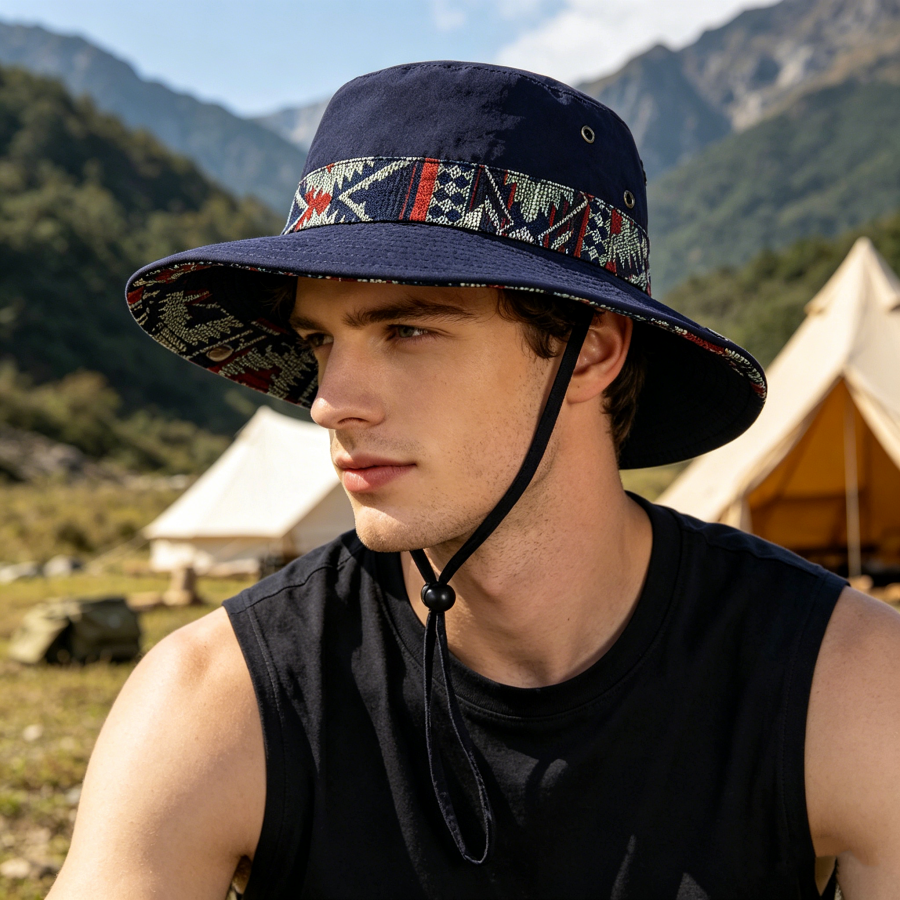 Chapeau de pêcheur à large bord de style ethnique, protection solaire, unisexe, pour la randonnée et le camping, pliable et respirant, avec cordon coupe-vent, adapté à la randonnée et au trekking