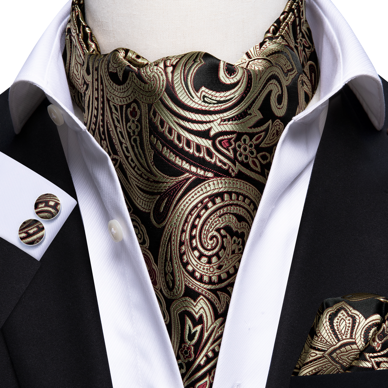 Injfraîchement-Ensemble de foulards cachemire pour hommes, vintage, décontracté, floral, noir, doré Ascot, poche carrée, mariage, grand