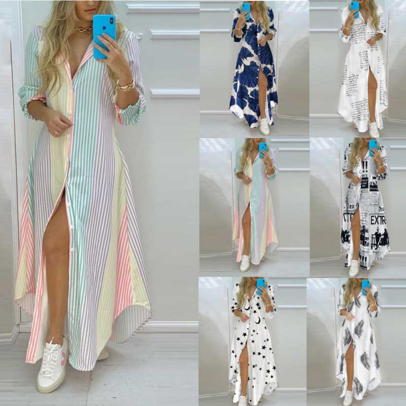 Femmes Boho imprimé chemises longues robe été col rabattu à manches longues robe de soirée femme décontracté soirée Maxi robes robes