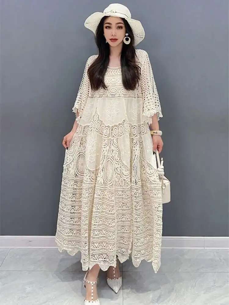 SHENGPALAE-Robe en Dentelle à Manches Mi-sulfpour Femme, Grand Ourlet, Amissié, Élégante, à la Mode, Nouvelle Collection Printemps Été 2024, 5R9579