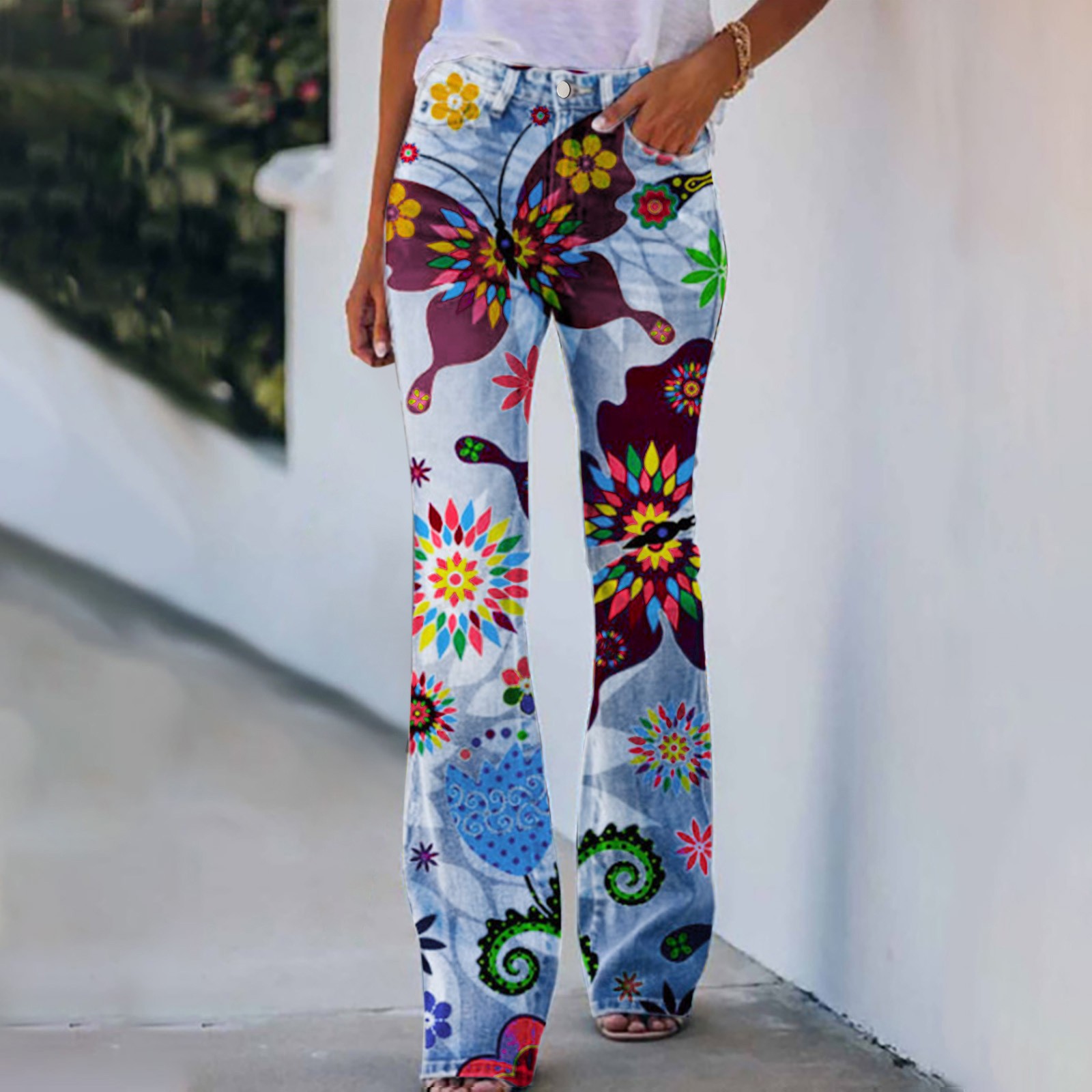 Jean Cargo Taille Haute pour Femme, Pantalon en Denim Évasé, Imprimé Floral, Faux Denim