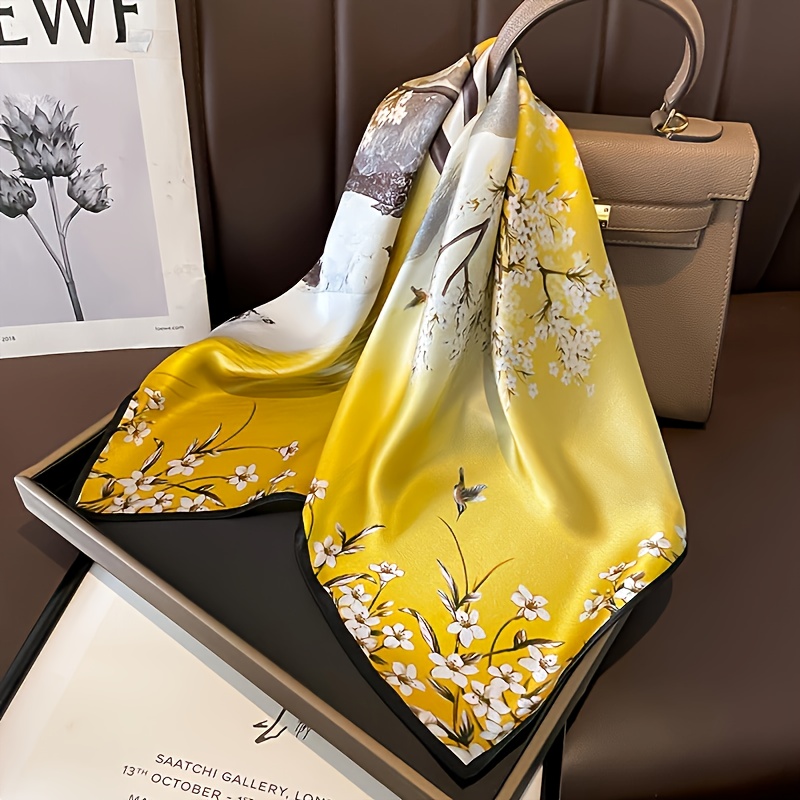 Écharpe carrée à imprimé Floral jaune de 27,56 pouces, avec bordure noire, accessoire élégant pour femmes, accessoire de mode, écharpe de cou