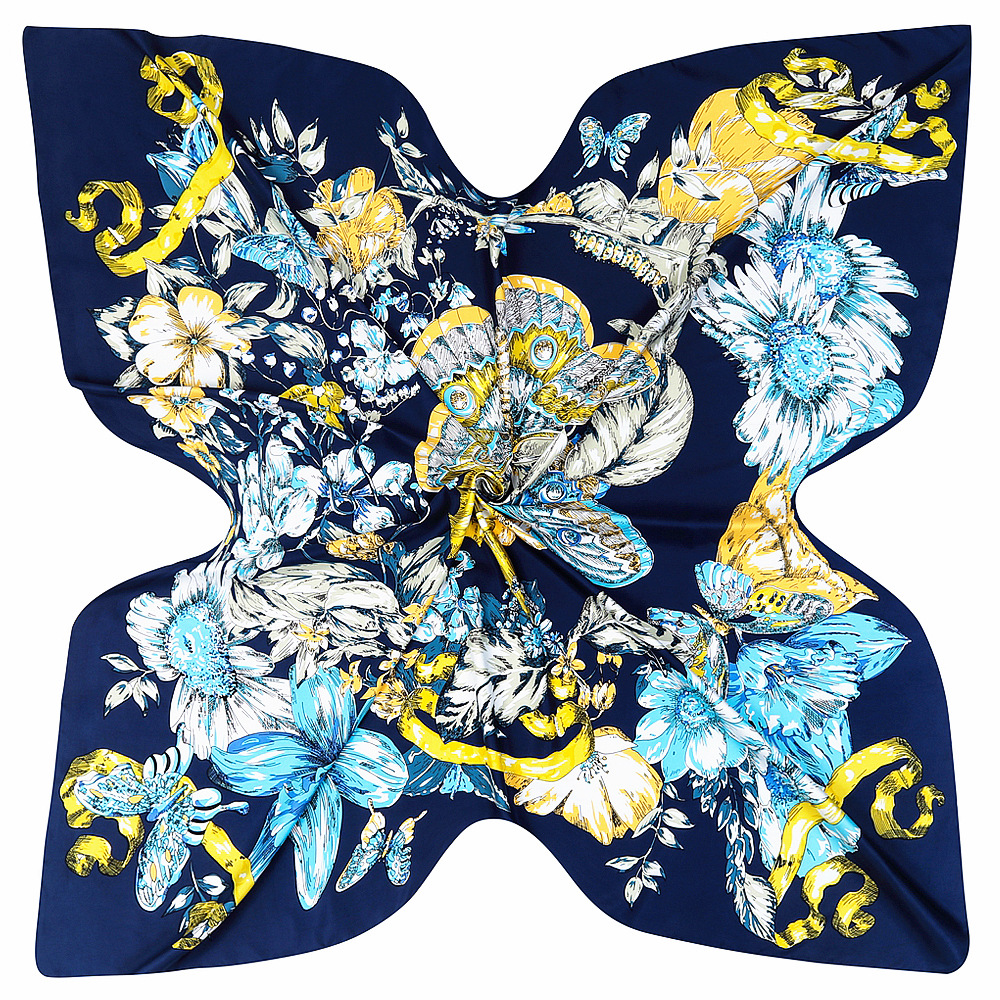 POBING foulard en soie femmes grands châles papillon imprimé carré Bandana luxe foulard musulman Hijab écharpe femme Foulards 130CM