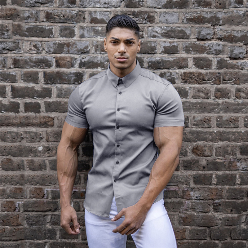 Chemise à manches courtes pour hommes, vêtements d'été, boutons de gymnastique, Fitness, chemises à manches courtes, mode décontractée, Streetwear, Hipster Social