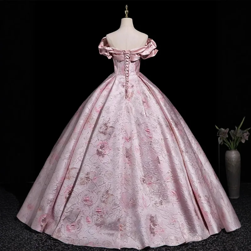 Robe de bal Lolita rose élégante, épaules dénudées, col à volants, robe florale en Jacquard, robe de soirée formelle de bal de thé, robe victorienne