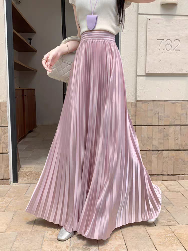 Jupe longue plissée en satin pour femmes grandes : jupe d'été évasée trapèze taille haute, coupe ajustée