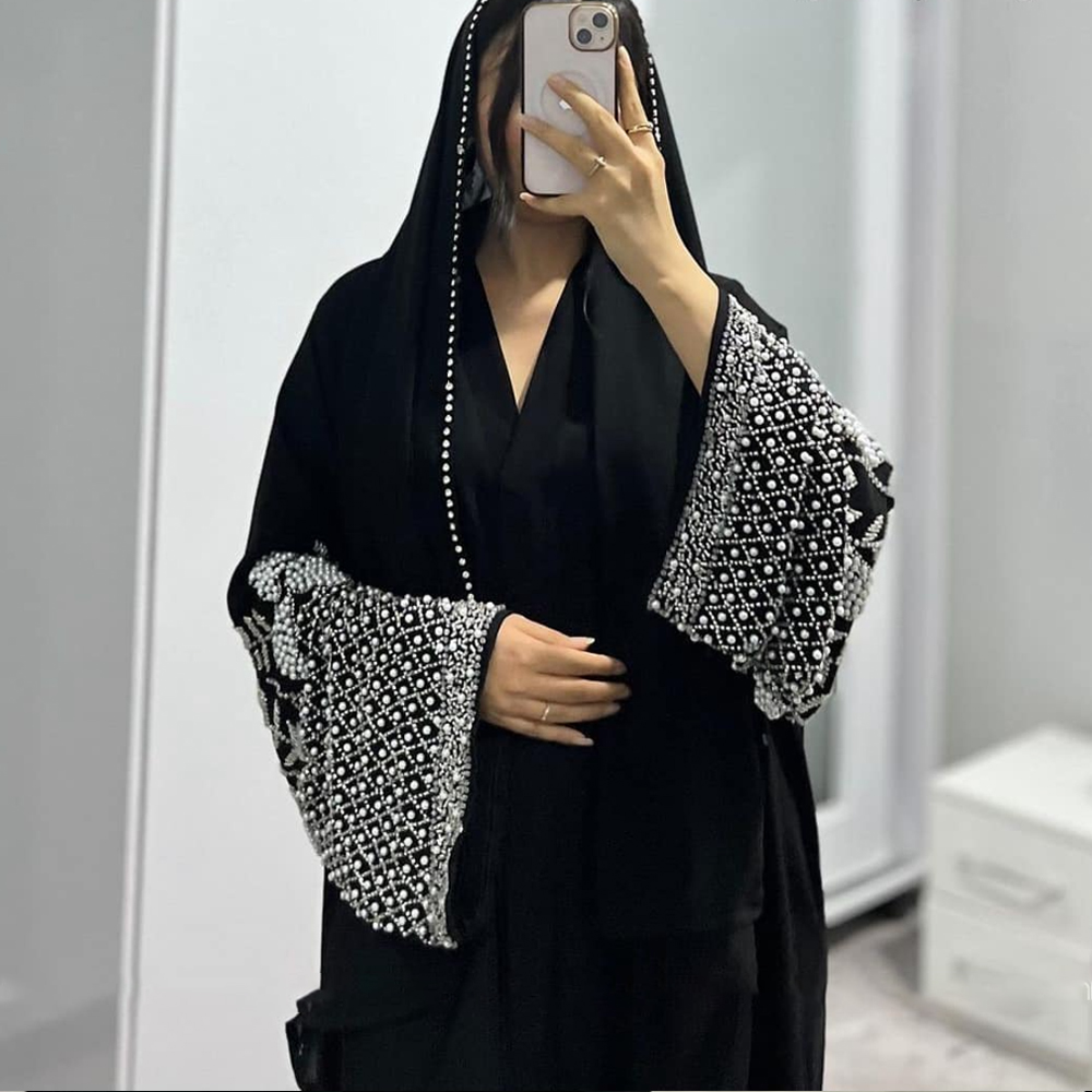 Abaya Modeste Eid Dubaï Printemps-Été pour Femme, Robe Musulmane Turquie Maroc, Kaftan Perlé Élégant de Luxe, Kimono, Ensemble Abaya et Hijab
