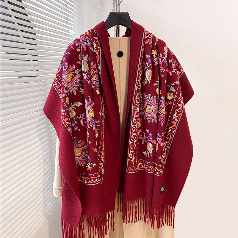 Écharpe brodée de luxe pour femme, Pashmina à longues franges, couverture pour femme, châle doux, haute qualité, chaud, hiver