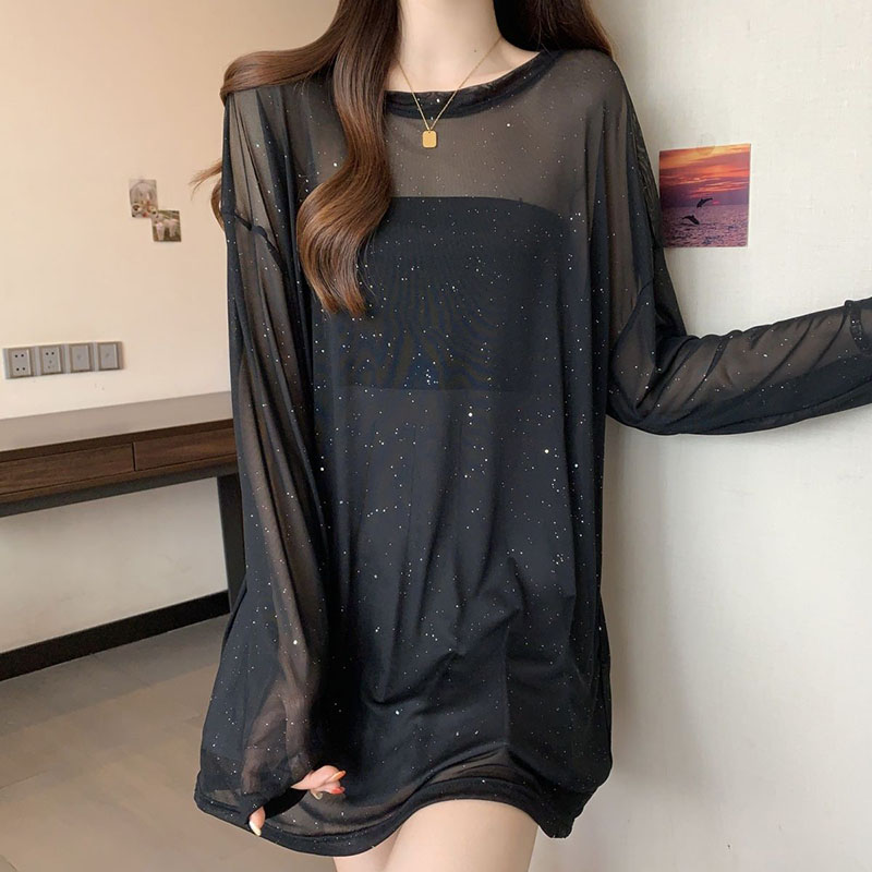 Noir Sexy voir à travers transparent T-Shirts femmes luxe paillettes mince glace soie à manches longues t-shirt été respirant résistant au soleil hauts