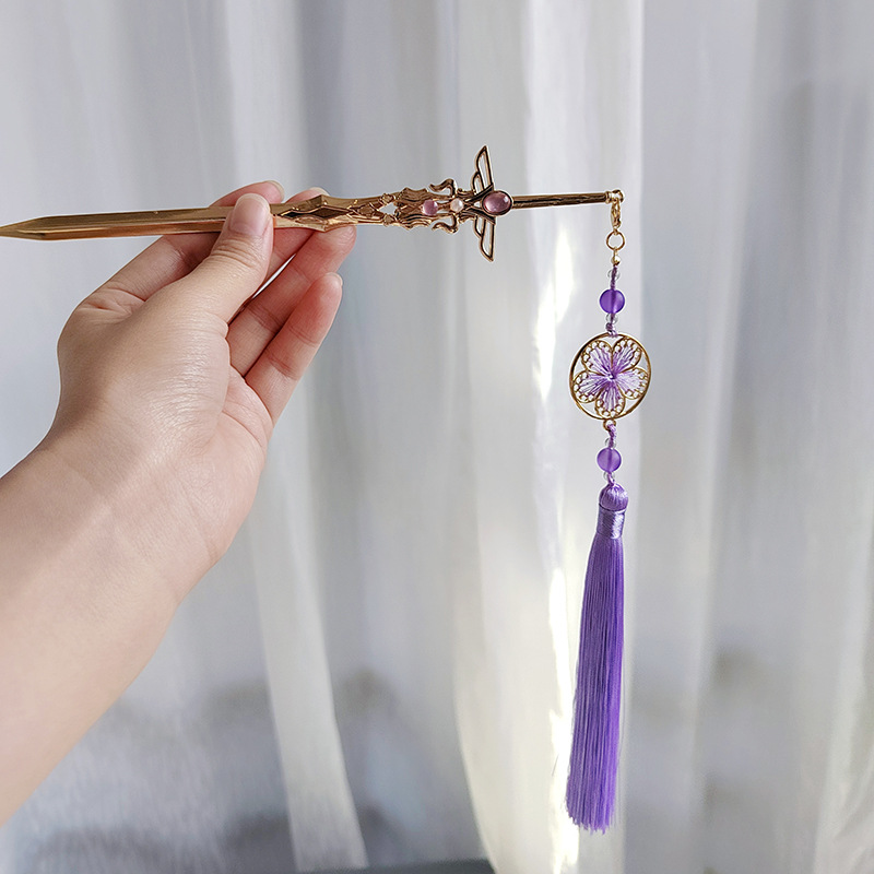 Épingle à cheveux épée avec pompon enroulé, Style ancien Hanfu, cravate pour cheveux secouant la tête, couvre-chef Simple de Style ancien