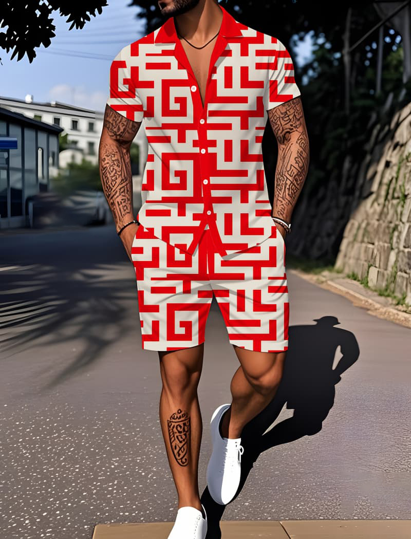 Ensemble classique deux pièces pour homme avec motifs imprimés, adapté aux activités de plein air et à l'esthétique urbaine moderne.