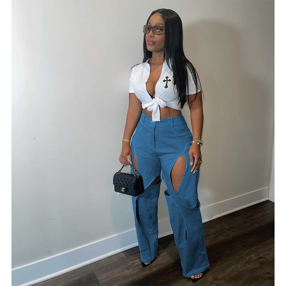 Pantalon Femme Ample Long Vintage Coupe Slim Taille Haute Droit Évidé Y2K Streetwear Sexy Élégant Travail 2026