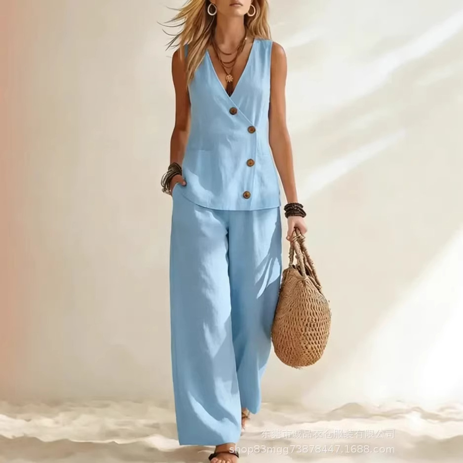 Ensemble 2 pièces mode pour femme : Gilet sans manches à col en V profond et pantalon large ample, idéal pour les vacances d'été