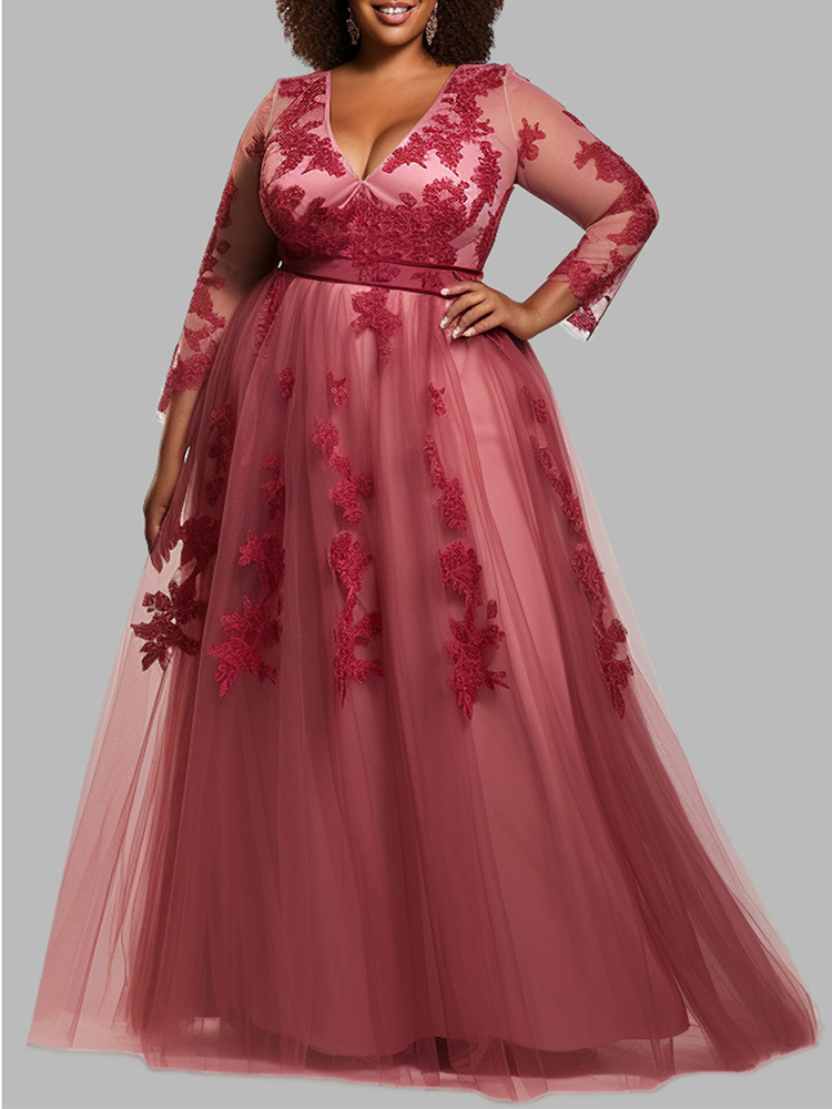 Robe de soirée élégante pour femme, en dentelle avec appliqués floraux, col en V, manches longues en maille transparente, coupe trapèze, robe maxi pour invité de mariage, bal de promo, robe de fête, Vestido
