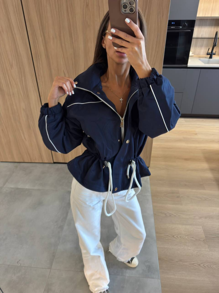 Veste coupe-vent chic pour femme, col blanc, taille ajustable par cordon, poignets élastiques, coupe ample, vêtement d'extérieur, nouvelle collection printemps 2026, cardigan de voyage.