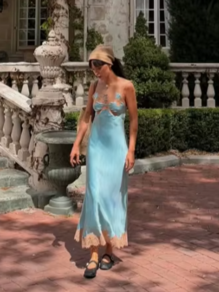 Robe longue chic en satin et dentelle patchwork pour femme, élégante, sans manches, dos nu, ajourée, coupe ajustée, Vestidos 2026, tenue de soirée estivale pour femme