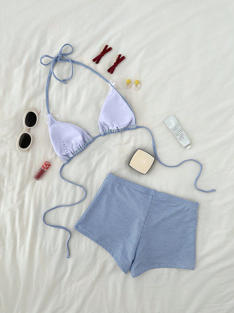 Ensemble bikini à carreaux Circyy pour femme, avec nœud à porter autour du cou, short de plage taille haute, maillot de bain deux pièces pour les vacances, Nouveauté été 2026