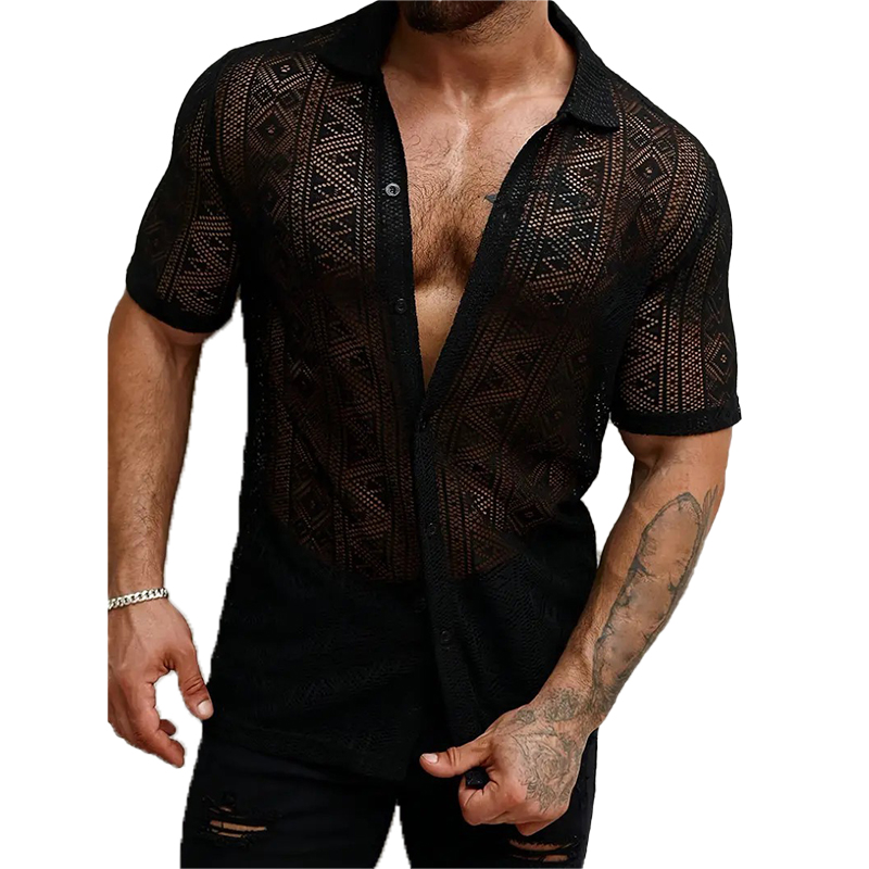 Nouveau Chic hommes Sexy dentelle chemises mode transparent boutonné à manches courtes Cardigan hauts Vintage évider Style vacances Blouse