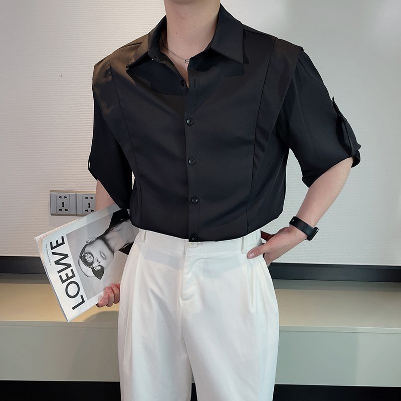 Chemise homme en soie glacée premium, manches 3/4, look élégant pour le travail ou le week-end, confortable et infroissable, chemisier unisexe à empiècements