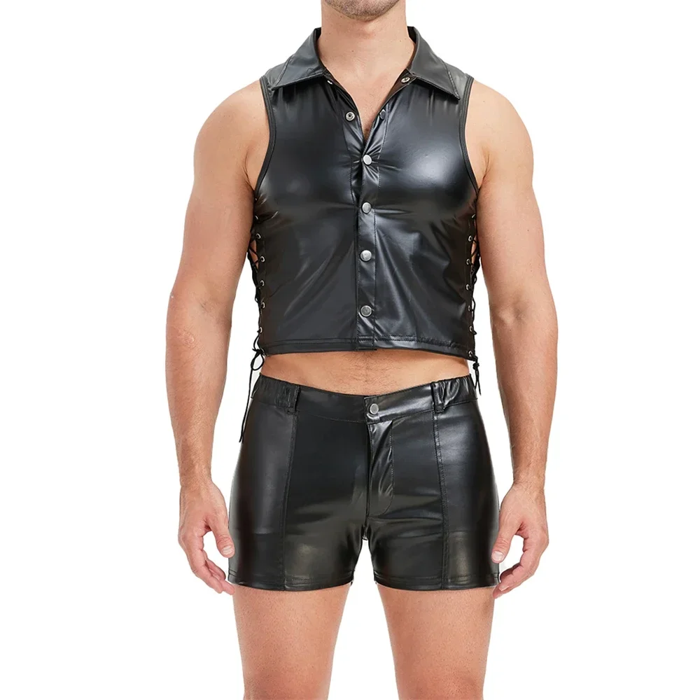Ensembles de vêtements de mode pour hommes : Débardeurs sans manches en cuir PU, shorts, tenue de club, gilet à lacets et boutons avec découpes latérales et short