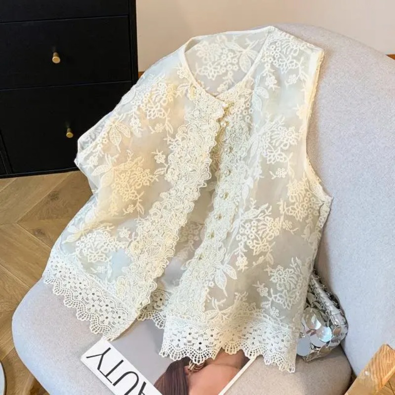 Gilet en dentelle beige pour femme, sans manches, col rond, à volants, boutonné, décontracté, transparent, vêtement d'extérieur