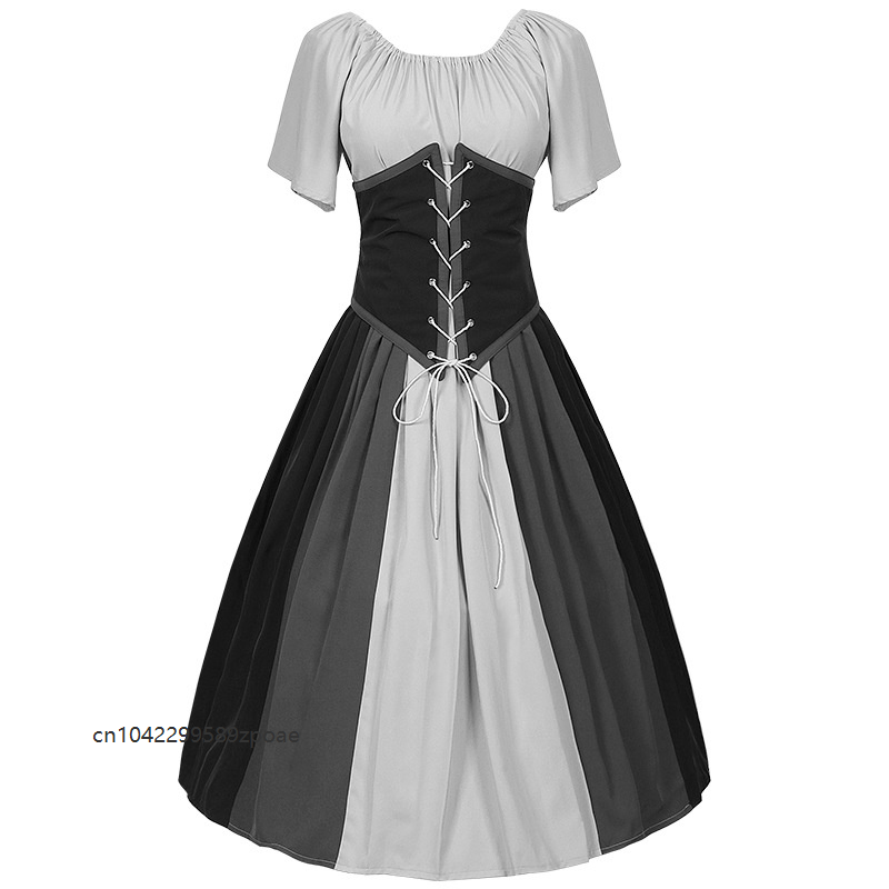 Robe de soirée pour femme, style médiéval rétro, à col unique, avec manches volantées en dentelle, patchwork et couleurs contrastées, pour Halloween