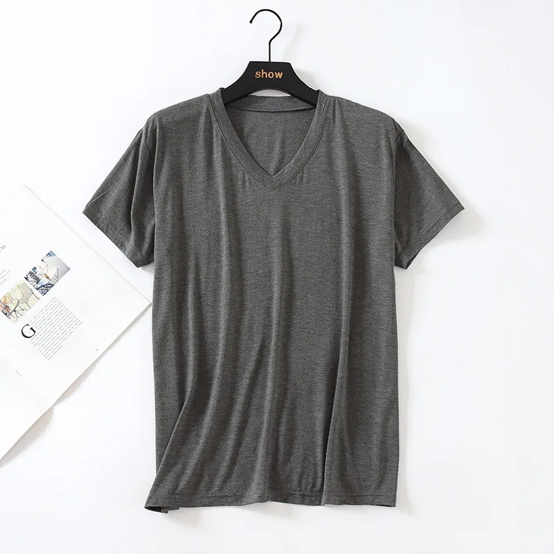 Nouveau T-shirt Modal Homme Col V Grande Taille Manches Courtes Coupe Ample Couleur Unie 2026